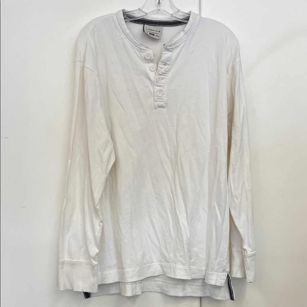 J.America Men's White Henley Shirt Long Sleeve Classic Capsule Causal Hi Lo XL
